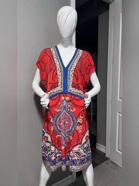 Style & Co. Red Paisley-Print V-Neck Midi Dress with Blue Trim size 1X